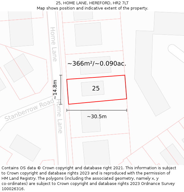 25, HOME LANE, HEREFORD, HR2 7LT: Plot and title map