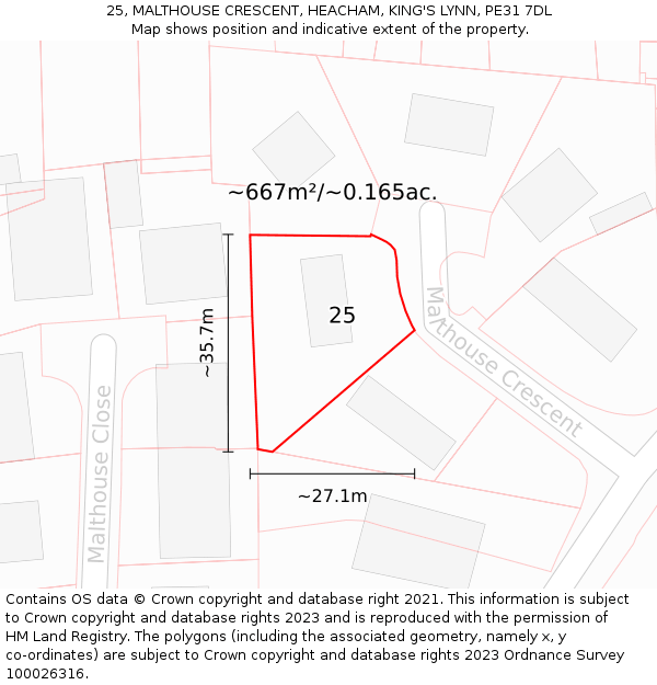 25, MALTHOUSE CRESCENT, HEACHAM, KING'S LYNN, PE31 7DL: Plot and title map