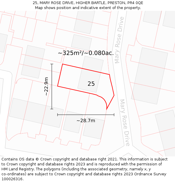 25, MARY ROSE DRIVE, HIGHER BARTLE, PRESTON, PR4 0QE: Plot and title map