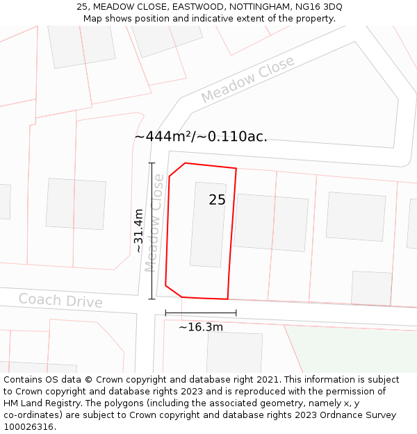 25, MEADOW CLOSE, EASTWOOD, NOTTINGHAM, NG16 3DQ: Plot and title map