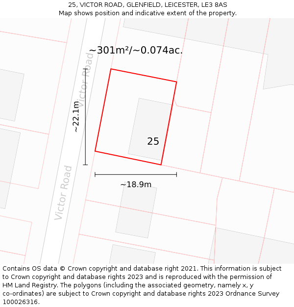 25, VICTOR ROAD, GLENFIELD, LEICESTER, LE3 8AS: Plot and title map