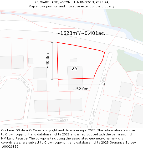 25, WARE LANE, WYTON, HUNTINGDON, PE28 2AJ: Plot and title map