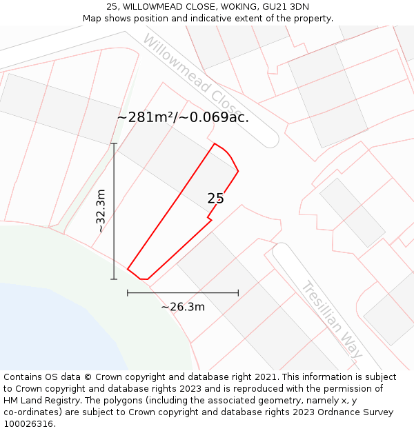 25, WILLOWMEAD CLOSE, WOKING, GU21 3DN: Plot and title map