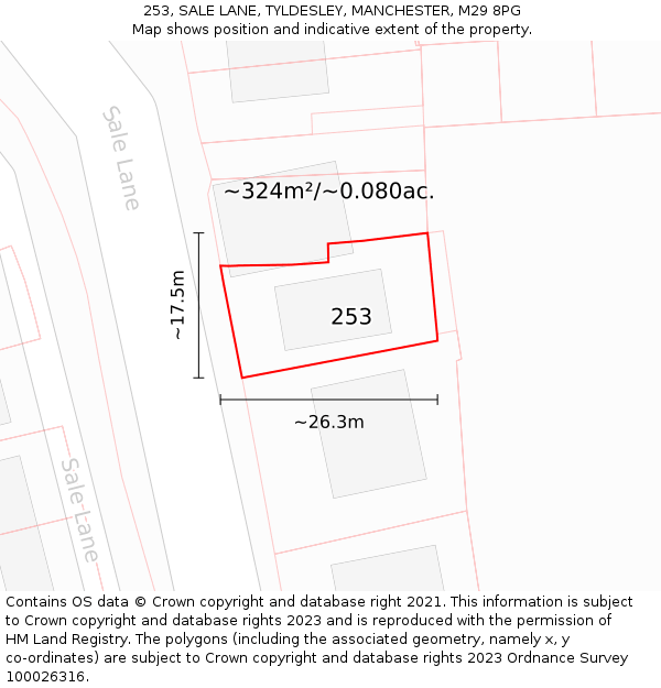 253, SALE LANE, TYLDESLEY, MANCHESTER, M29 8PG: Plot and title map