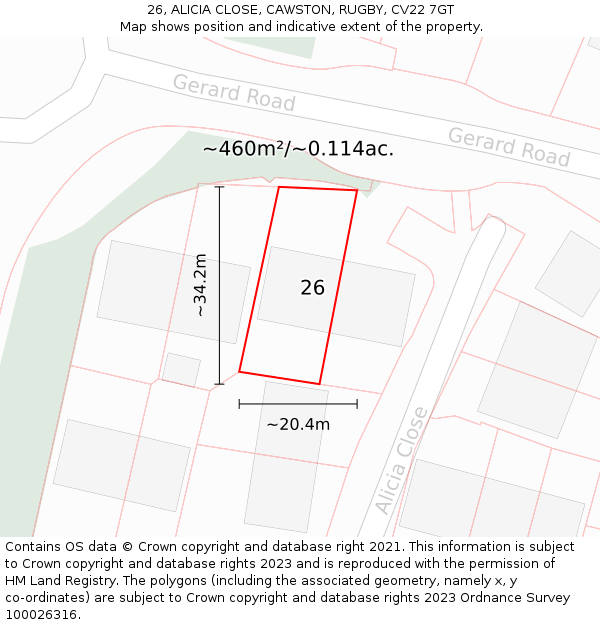 26, ALICIA CLOSE, CAWSTON, RUGBY, CV22 7GT: Plot and title map