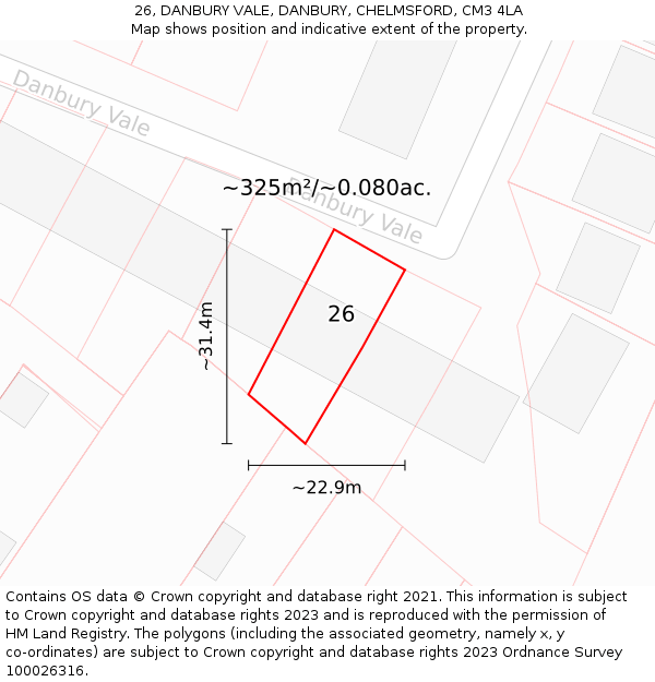 26, DANBURY VALE, DANBURY, CHELMSFORD, CM3 4LA: Plot and title map