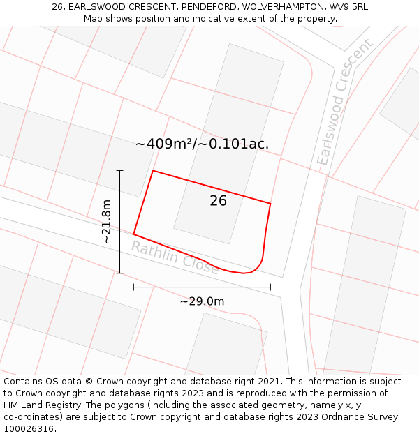 26, EARLSWOOD CRESCENT, PENDEFORD, WOLVERHAMPTON, WV9 5RL: Plot and title map