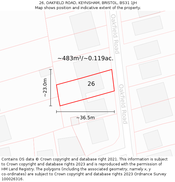 26, OAKFIELD ROAD, KEYNSHAM, BRISTOL, BS31 1JH: Plot and title map