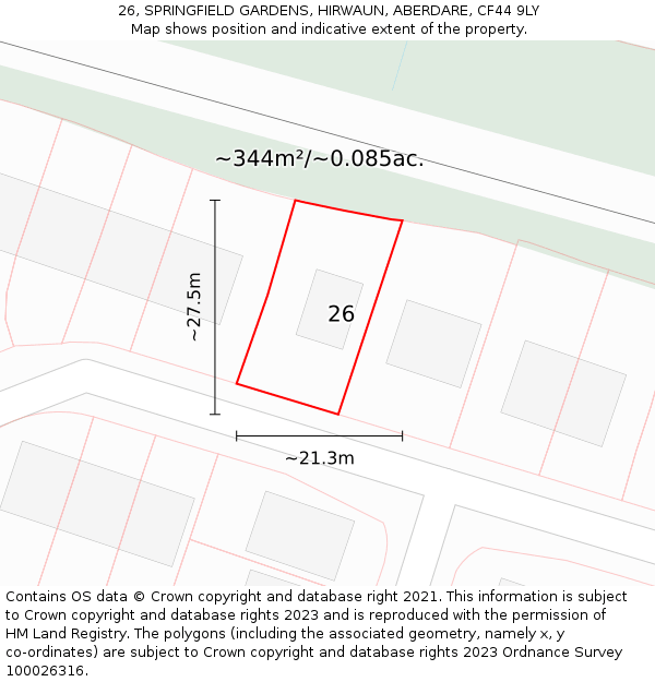 26, SPRINGFIELD GARDENS, HIRWAUN, ABERDARE, CF44 9LY: Plot and title map