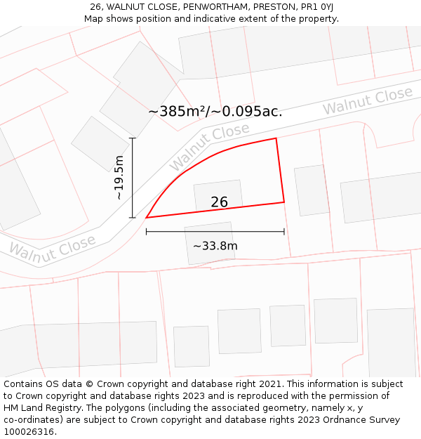 26, WALNUT CLOSE, PENWORTHAM, PRESTON, PR1 0YJ: Plot and title map