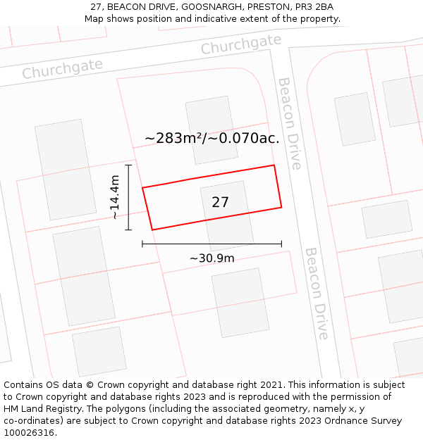 27, BEACON DRIVE, GOOSNARGH, PRESTON, PR3 2BA: Plot and title map