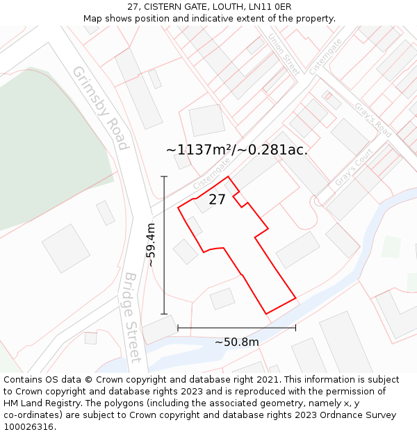 27, CISTERN GATE, LOUTH, LN11 0ER: Plot and title map