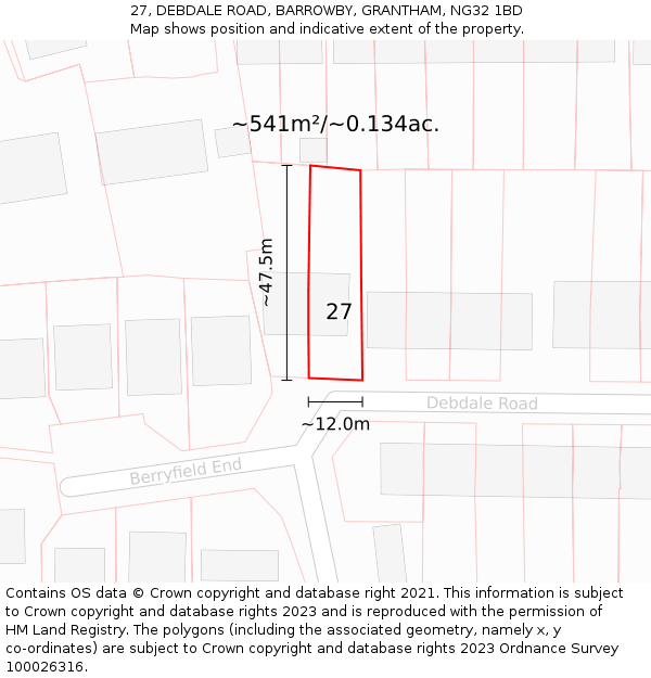 27, DEBDALE ROAD, BARROWBY, GRANTHAM, NG32 1BD: Plot and title map