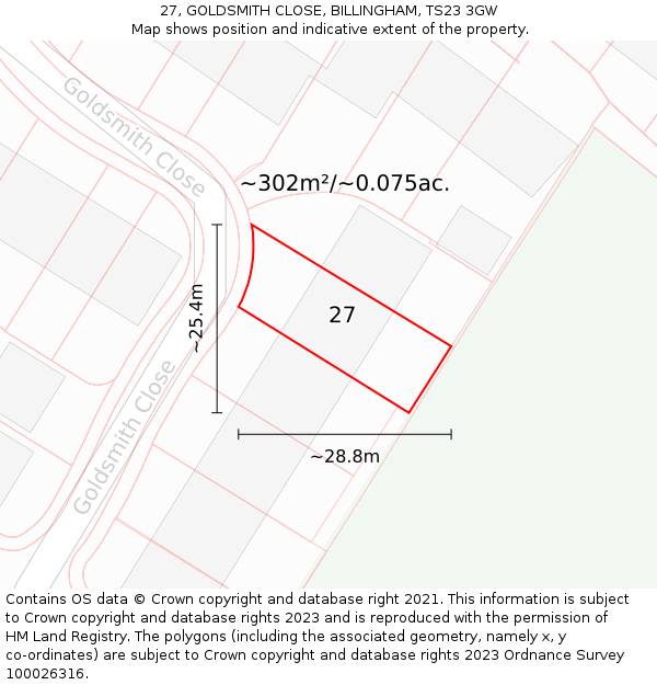 27, GOLDSMITH CLOSE, BILLINGHAM, TS23 3GW: Plot and title map