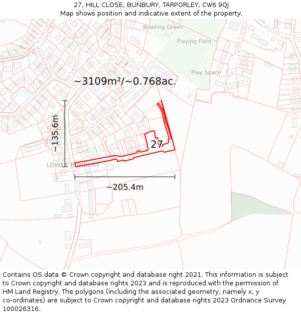 27, HILL CLOSE, BUNBURY, TARPORLEY, CW6 9QJ: Plot and title map