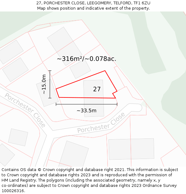 27, PORCHESTER CLOSE, LEEGOMERY, TELFORD, TF1 6ZU: Plot and title map