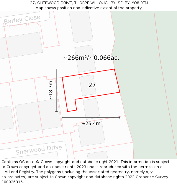 27, SHERWOOD DRIVE, THORPE WILLOUGHBY, SELBY, YO8 9TN: Plot and title map