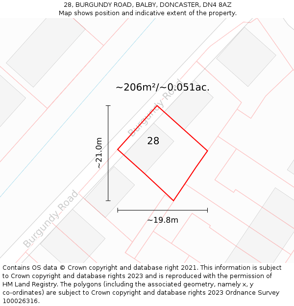 28, BURGUNDY ROAD, BALBY, DONCASTER, DN4 8AZ: Plot and title map