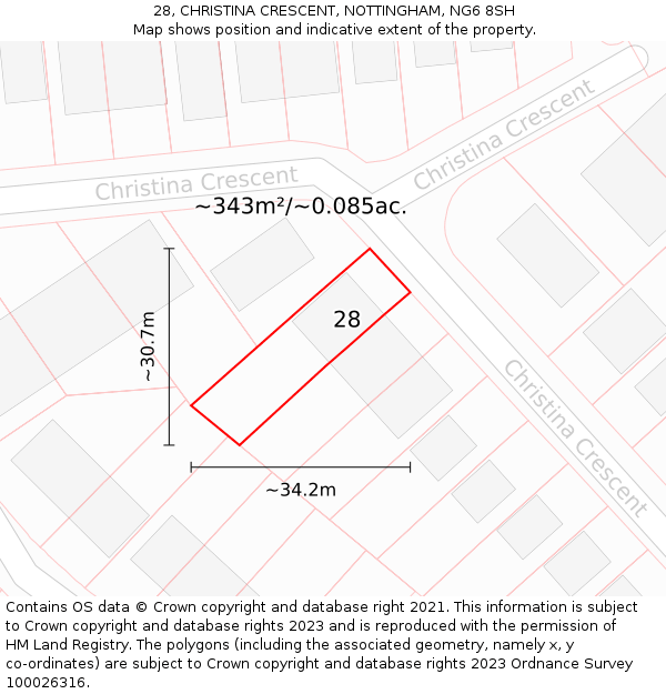 28, CHRISTINA CRESCENT, NOTTINGHAM, NG6 8SH: Plot and title map