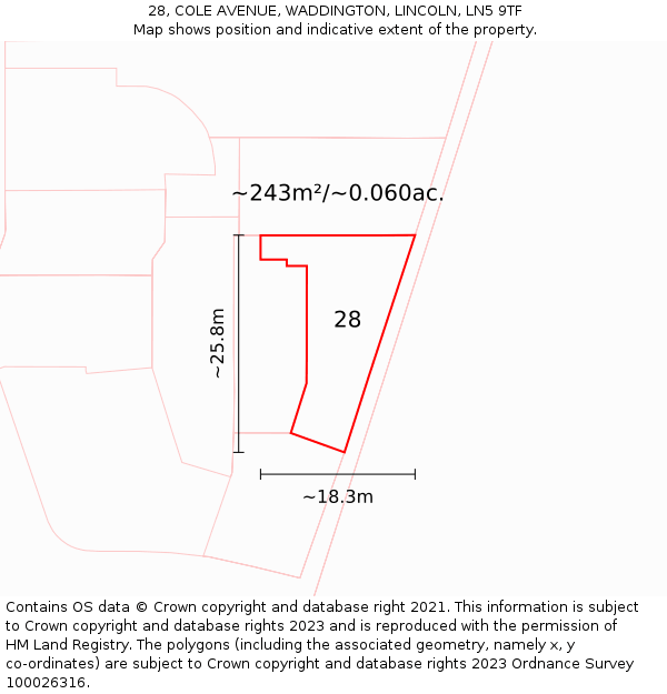 28, COLE AVENUE, WADDINGTON, LINCOLN, LN5 9TF: Plot and title map