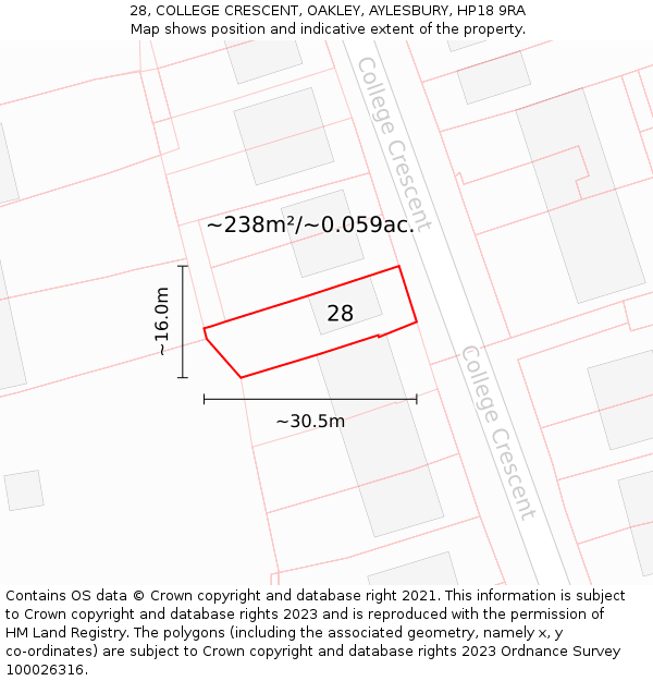 28, COLLEGE CRESCENT, OAKLEY, AYLESBURY, HP18 9RA: Plot and title map