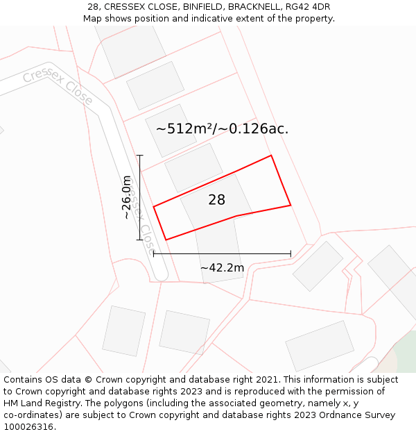 28, CRESSEX CLOSE, BINFIELD, BRACKNELL, RG42 4DR: Plot and title map