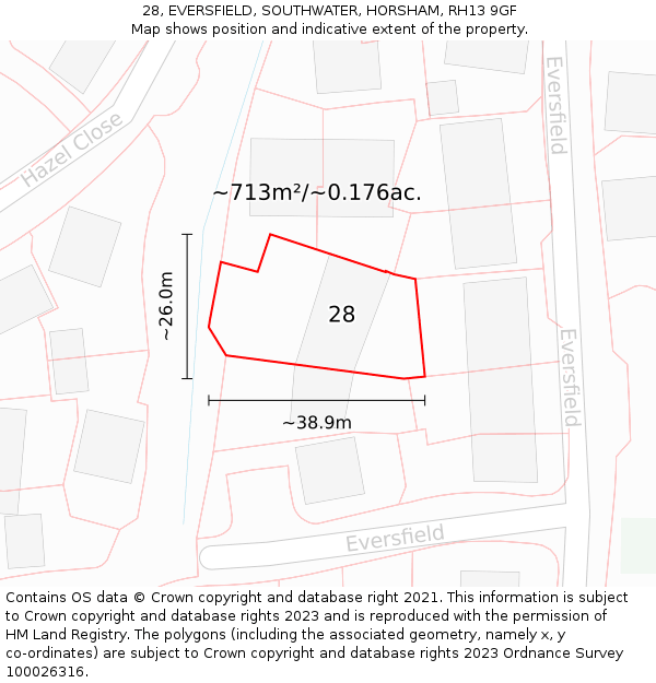 28, EVERSFIELD, SOUTHWATER, HORSHAM, RH13 9GF: Plot and title map