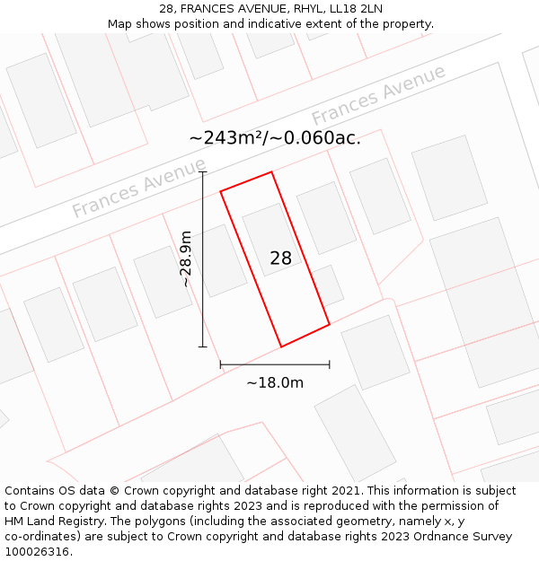 28, FRANCES AVENUE, RHYL, LL18 2LN: Plot and title map