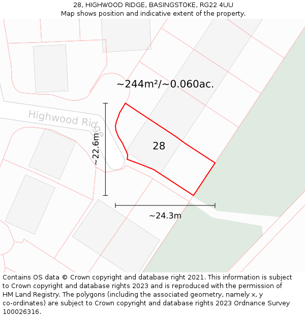 28, HIGHWOOD RIDGE, BASINGSTOKE, RG22 4UU: Plot and title map