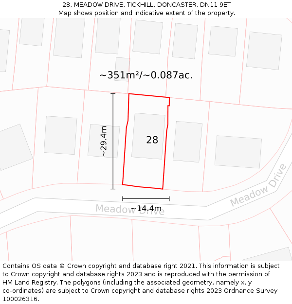 28, MEADOW DRIVE, TICKHILL, DONCASTER, DN11 9ET: Plot and title map