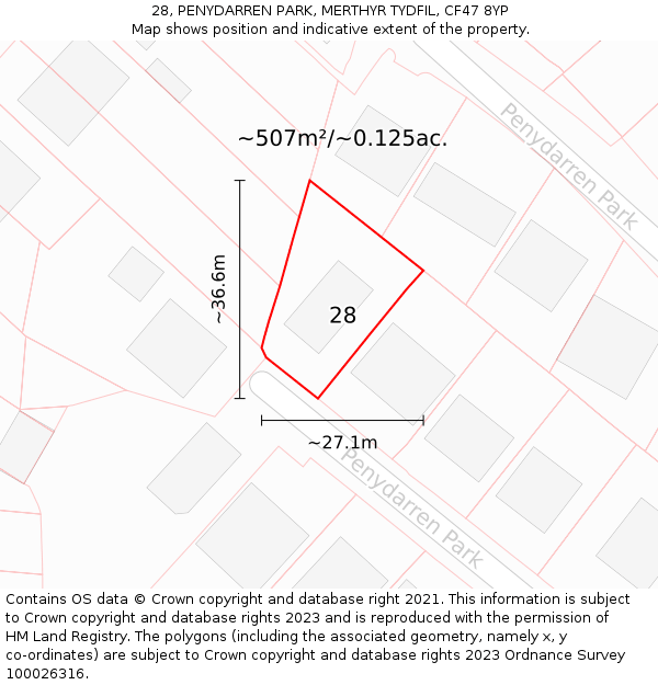 28, PENYDARREN PARK, MERTHYR TYDFIL, CF47 8YP: Plot and title map