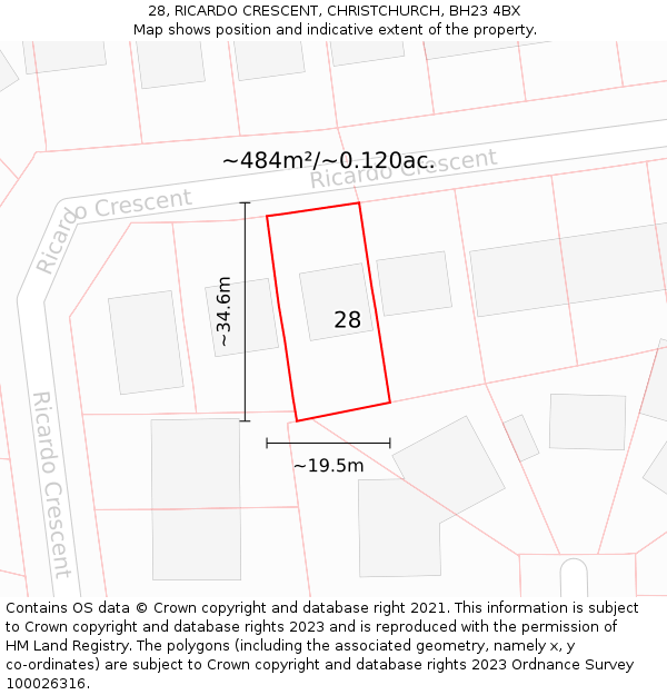 28, RICARDO CRESCENT, CHRISTCHURCH, BH23 4BX: Plot and title map