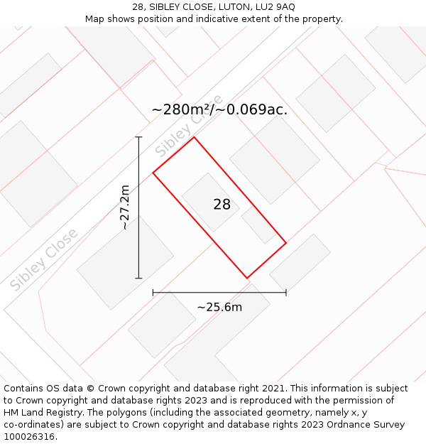 28, SIBLEY CLOSE, LUTON, LU2 9AQ: Plot and title map