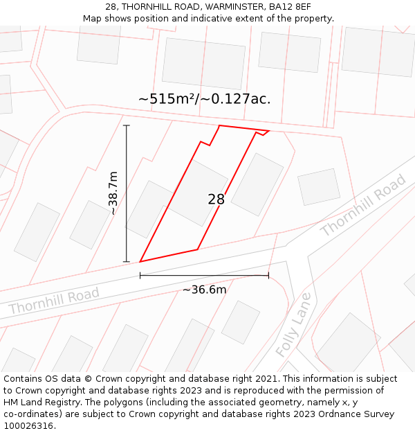 28, THORNHILL ROAD, WARMINSTER, BA12 8EF: Plot and title map