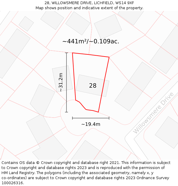 28, WILLOWSMERE DRIVE, LICHFIELD, WS14 9XF: Plot and title map