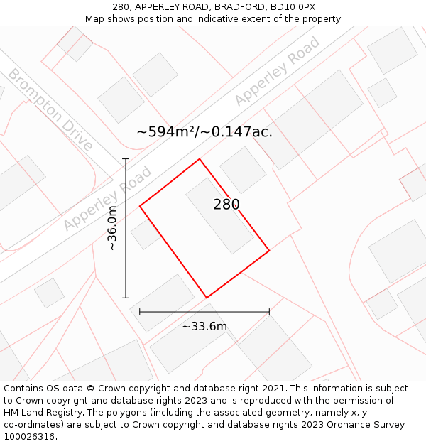 280, APPERLEY ROAD, BRADFORD, BD10 0PX: Plot and title map