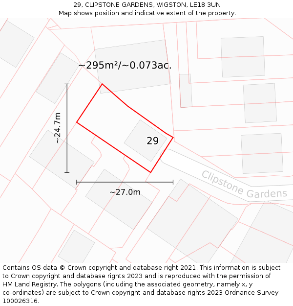 29, CLIPSTONE GARDENS, WIGSTON, LE18 3UN: Plot and title map