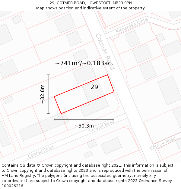 29, COTMER ROAD, LOWESTOFT, NR33 9PN: Plot and title map