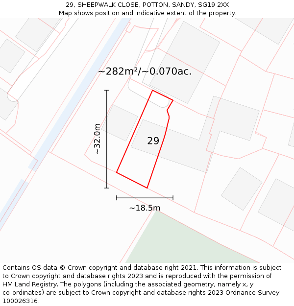 29, SHEEPWALK CLOSE, POTTON, SANDY, SG19 2XX: Plot and title map