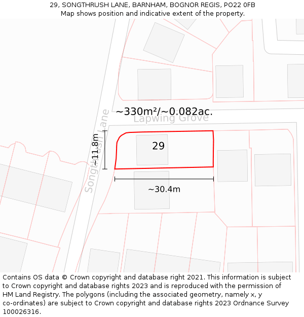 29, SONGTHRUSH LANE, BARNHAM, BOGNOR REGIS, PO22 0FB: Plot and title map