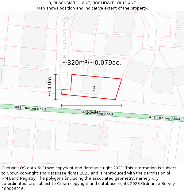 3, BLACKSMITH LANE, ROCHDALE, OL11 4NT: Plot and title map