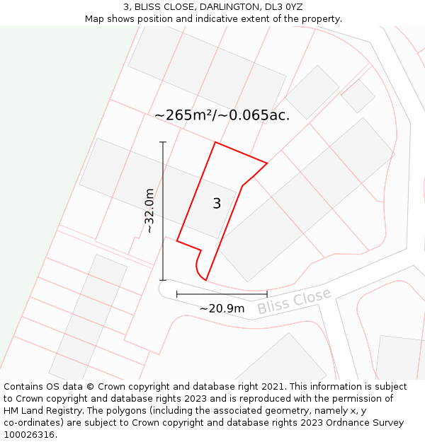 3, BLISS CLOSE, DARLINGTON, DL3 0YZ: Plot and title map