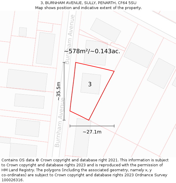 3, BURNHAM AVENUE, SULLY, PENARTH, CF64 5SU: Plot and title map