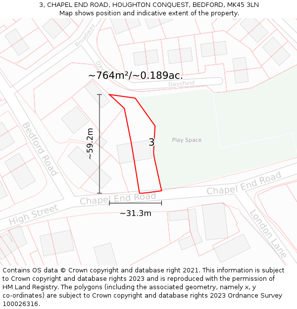 3, CHAPEL END ROAD, HOUGHTON CONQUEST, BEDFORD, MK45 3LN: Plot and title map