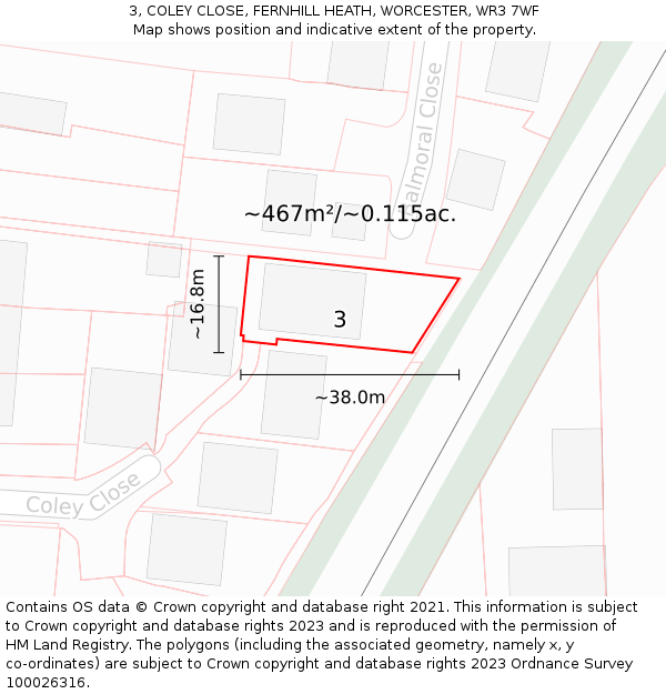 3, COLEY CLOSE, FERNHILL HEATH, WORCESTER, WR3 7WF: Plot and title map