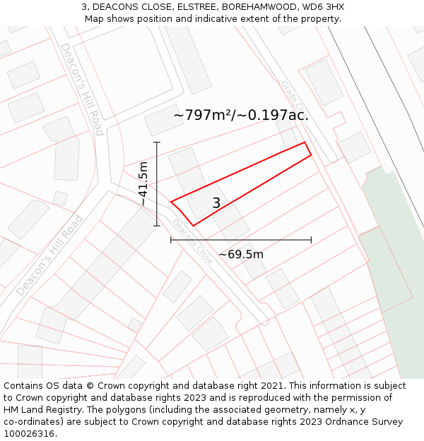 3, DEACONS CLOSE, ELSTREE, BOREHAMWOOD, WD6 3HX: Plot and title map