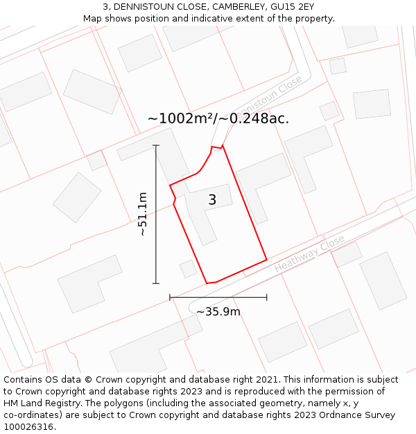 3, DENNISTOUN CLOSE, CAMBERLEY, GU15 2EY: Plot and title map