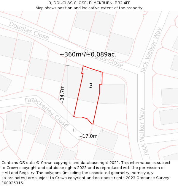 3, DOUGLAS CLOSE, BLACKBURN, BB2 4FF: Plot and title map