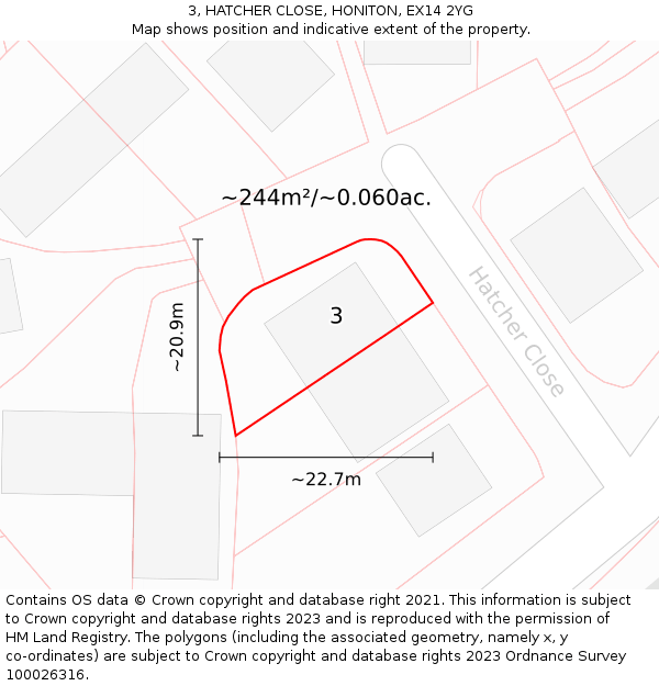 3, HATCHER CLOSE, HONITON, EX14 2YG: Plot and title map