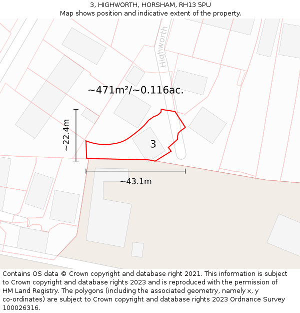 3, HIGHWORTH, HORSHAM, RH13 5PU: Plot and title map